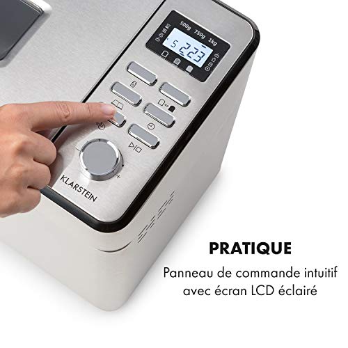 Klarstein Brotilde Family - Machine à pain, 14 programmes, 3 degrés de cuisson différents, fonction réchauffage, minuterie, écran LCD, fenêtre de visualisation, doseur d'ingrédients, inox
