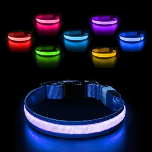 PcEoTllar Leuchthalsband Aufladbar, Einstellbar für Hunde, Blau-L. | LED Halsband mit 7 Farben & Blinkmodi. Aufladbar, wasserdicht & verstellbar für kleine bis große Hunde.