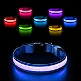 PcEoTllar Leuchthalsband Hund Aufladbar, Hundehalsband Leuchtend Wasserdicht, Blinkend LED Halsband für Hunde mit 7 Farben, Einstellbare LED Hundehalsband für Kleine Große Hunde, Blau-M