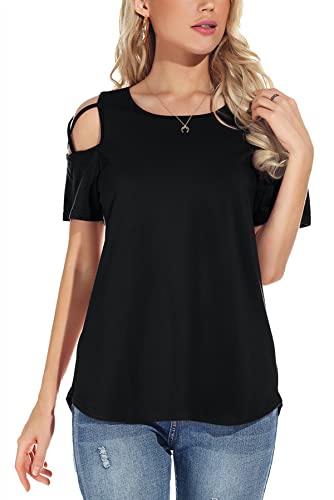 NILOUFO Womens Summer T Shirts Short Sleeve Tunic Strappy Cold Shoulder Tops2