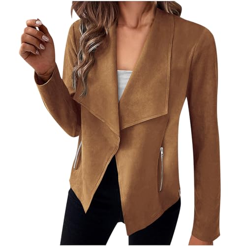 TANMESSO Women's 2024 Long Sleeve Open Front Cropped Faux Suede Jackets (Light Brown,XL,XL,Regular,Regular)