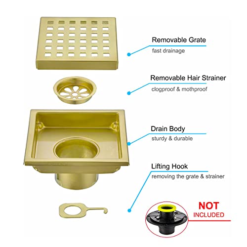 Square Shower Drain 4 Inch, Nicmondo Floor Waste Drain Point Center With Removable Grate Cover, 304 Stainless Steel, 11Cm X 11Cm, Pvd Brushed Gold #TOP2