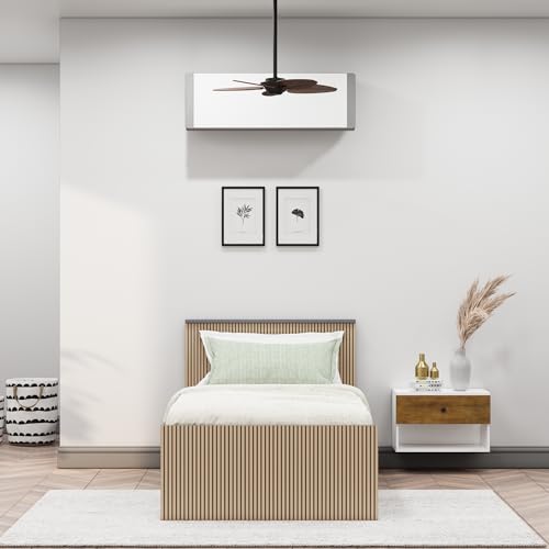 Image of Bniture Modern Single Size Bed with Storage Box | Engineered Wood Bed 3D Textured Panels | Dual Tone Cupboard for Bedroom | Wooden Bed Single Beds Storage (Grey & Giant Wood, Single)