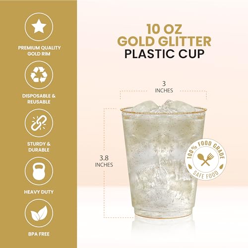 R-kay 10 oz Gold Glitter Plastic Cups for Party - Pack of 50 Hard Disposable Cocktail Glasses - Premium Heavy Duty Gold Cups (10 OZ, 50 Count)