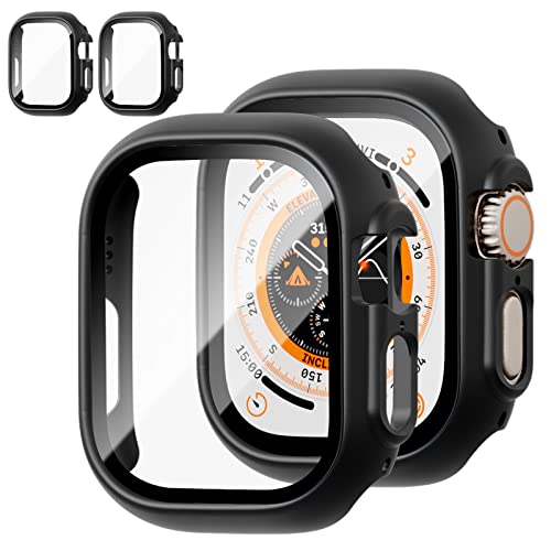 Image of 2 Pack Case with Tempered Glass Screen Protector for Apple Watch Ultra 49mm,JZK Slim Guard Bumper Full Coverage Hard PC Protective Cover Thin Case for iWatch Ultra 49mm Accessories,Black