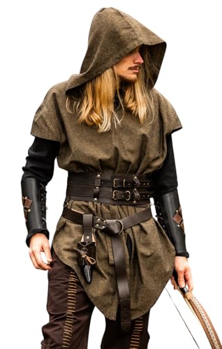 Leonardo Carbone® Męska tunika z kapturem | z kapturem | dekolt w serek | karnawał, Halloween, Cosplay, LARP, średniowieczny, kostium, szata, odzież, 100% bawełna, zielony, XXL-3XL