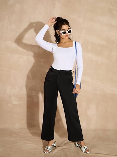 Image of SASSAFRAS Women's Slim Fit Full Sleeves Rib Square Neck Ribbed Basics - Casual Ribbed T-Shirt Tops