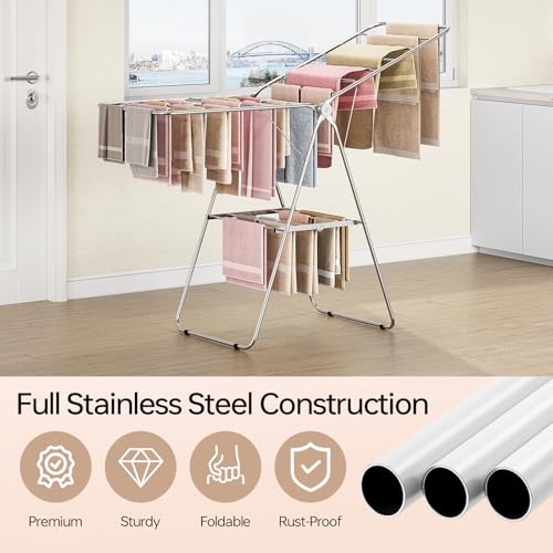 APEXCHASER Clothes Drying Rack Folding - Stainless Steel Drying Rack Clothing Height-Adjustable, Foldable Laundry Rack, Space-Saving, Collapsible for Indoor Outdoor Use for Clothe, Towels, Chrome by APEXCHASER - Image 4