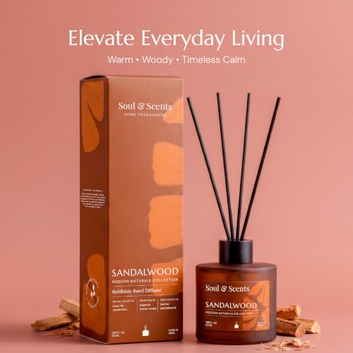 Image of Soul & Scents 50ml Sandalwood Reed Diffuser Set | Warm Woody Aroma of Creamy Sandalwood & Cedar | Get 5 Rattan Reed Sticks | Smoke Less Room Freshener for Home, Bedroom, Living Room & Office