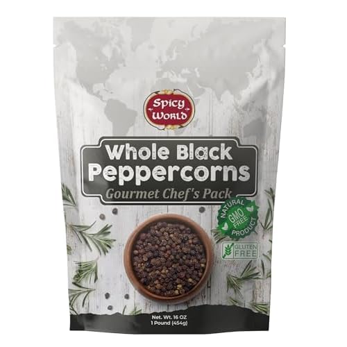 Spicy World Whole Black Peppercorns Tellicherry 16 Oz - Steam Sterilized- Non-GMO Black Pepper - Grinder Refill