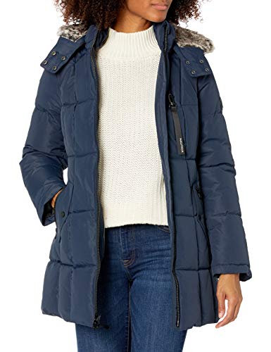 Nautica Women's Heavy Weight Quilted Jacket with Faux Fur Trim, Navy Seas, Large