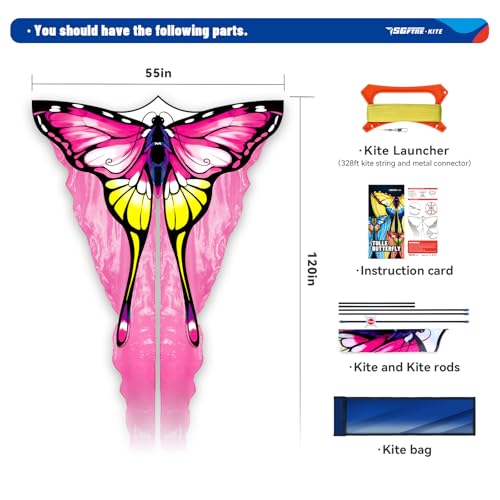SGftre Tulle Butterfly Pink Kite,Extremely Easy to Fly, Perfect Beach Kites for Family Outdoor Activities, Ideal for Adults and Kids, Includes Kite Thread (Pink)