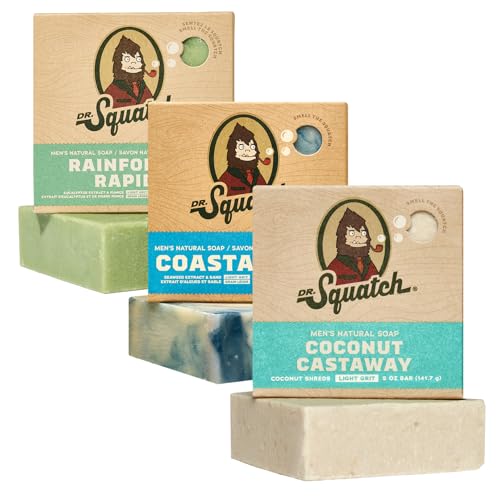 Dr. Squatch Natürliche Seife für Männer - kaltgerührte feste Seife mit natürlichen Ölen Geschenke für Männer - Coconut Castaway Rainforest Rapids Coastal Mist (142g 3er-Pack)