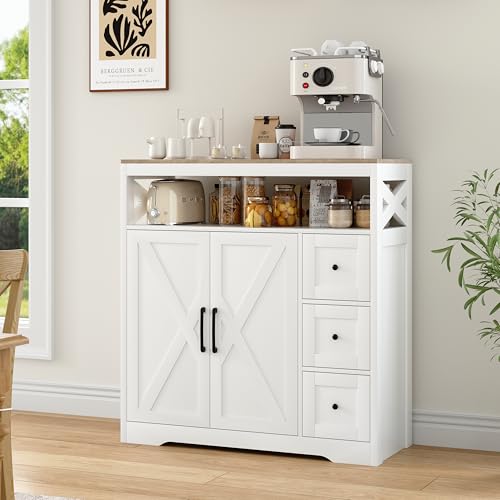 Armario de cocina blanco, aparador buffet con 2 puertas y 3 cajones, estante ajustable y estante abierto, moderno armario de buffet, armario auxiliar para cocina, comedor, sala de estar, pasillo - imagen 9