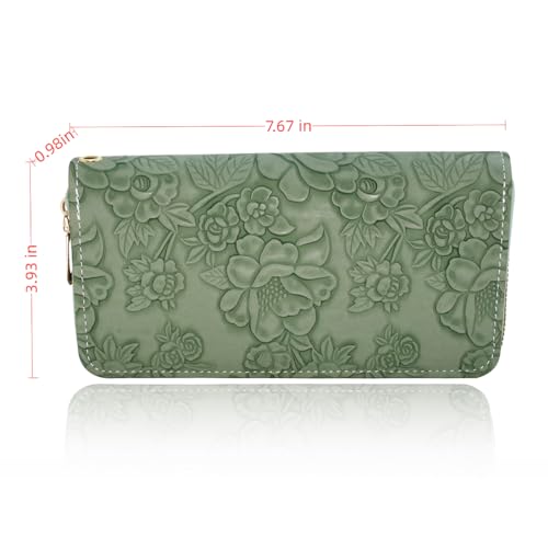 Ladies flower embossed wallet, ladies ultra-thin long wallet with zipper closure design, wristband, 7.67 x 3.93 inches, green3