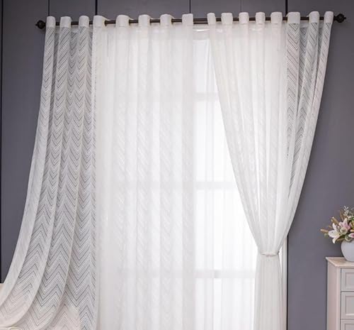 Image of Net Curtains Semi Transparent Sheer Zigzag Pattern Door Curtain 7 Feet Long Set of 3 Pcs, Window, Long Door, Living Room Parde, White Sheer Curtain