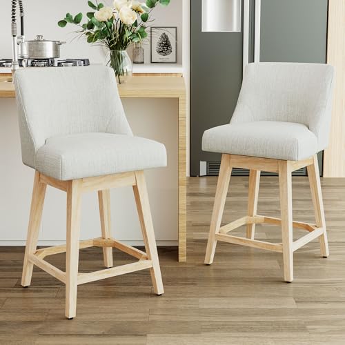 Image of Swivel Counter Height Bar Stools Set of 2, Modern Fabric Swivel Barstools with Contoured Back and Solid Wood Legs, Upholstered Counter Stool Bar Chairs for Kitchen Island, Home Bar, Cream
