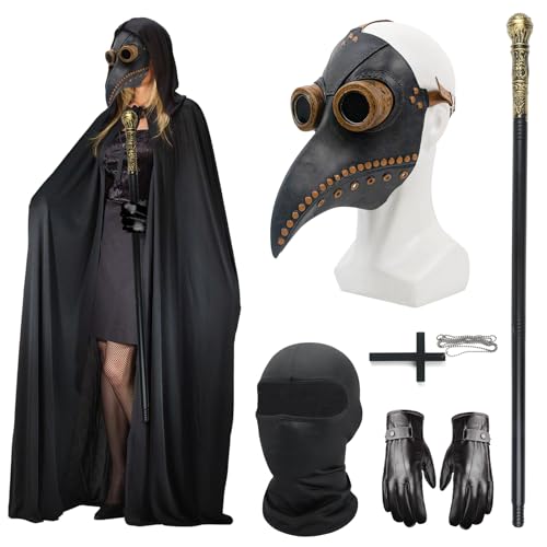 Satar Refes Plague Doctor Costume Adult Leather Plague Doctor Mask Long Nose Bird Beak Steampunk Masks with Black Gloves Hooded Cloak Full Face Covering Cane for Halloween Costume Cosplay Party
