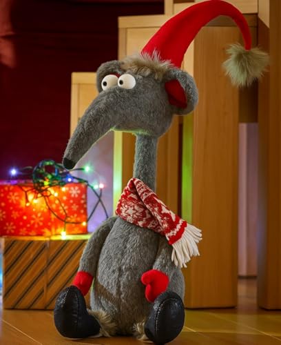 Image of Marco Paul Plush Rat Christmas Decoration - 48cm Freestanding Durable Mouse Ornament with Santa Hat - Festive Rodent Figurine for Novelty Xmas Decorations, Home Decor, Centrepiece & Gift Idea