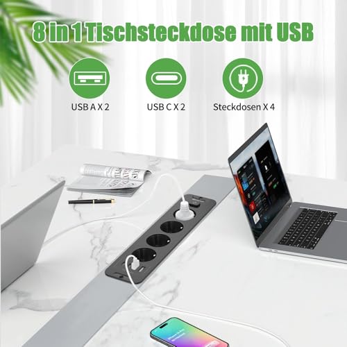 Miniatura 2 de Toma De Empotrar Corriente Con 2 Usb Y 2 Type-C, 4 Tomas Enchufes Multiple Empotrada De Sobremesa Con Interruptor, Regleta De Enchufes Empotrada Con Cable De 2m Para Muebles De Encimera, Negro