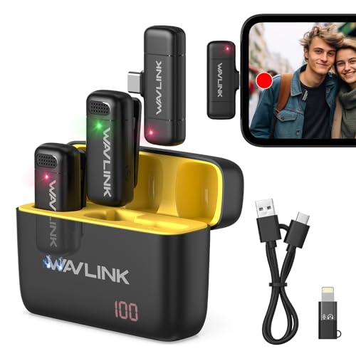 WAVLINK Wireless Lavalier Microphone for iPhone 16/15/14/13 Android Vlog, Clip on Lapel Dual Mic System & Lightning & USB-C Inputs & Battery Case for YouTube Facebook Live, Video Recording(2*TX+1*RX)