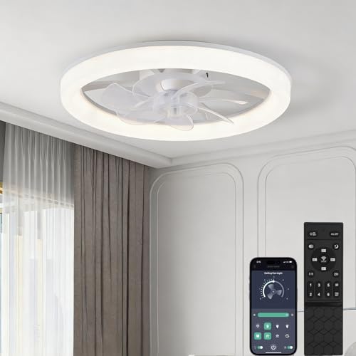LEONTYNE Smart Ceiling Fans with Lights,6 Speeds Quiet & Reversible,App & Remote Control,3000K-6000K Dimmable LED,Low Profile Ceiling Fan Light for Bedroom Living Room Kitchen,White,45cm