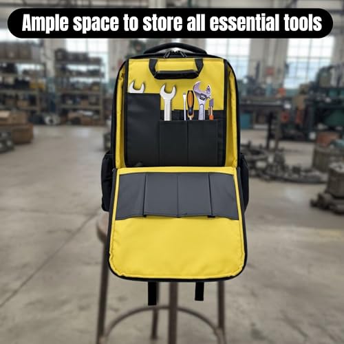 Image of PAHAL 19 Inch Heavy Duty Tool Backpack - Multipocket Fabric Tool Storage Organizer for Electrician, Technician, Service Engineer, Mechanic & Carpenter, Yellow Black-Titan Max