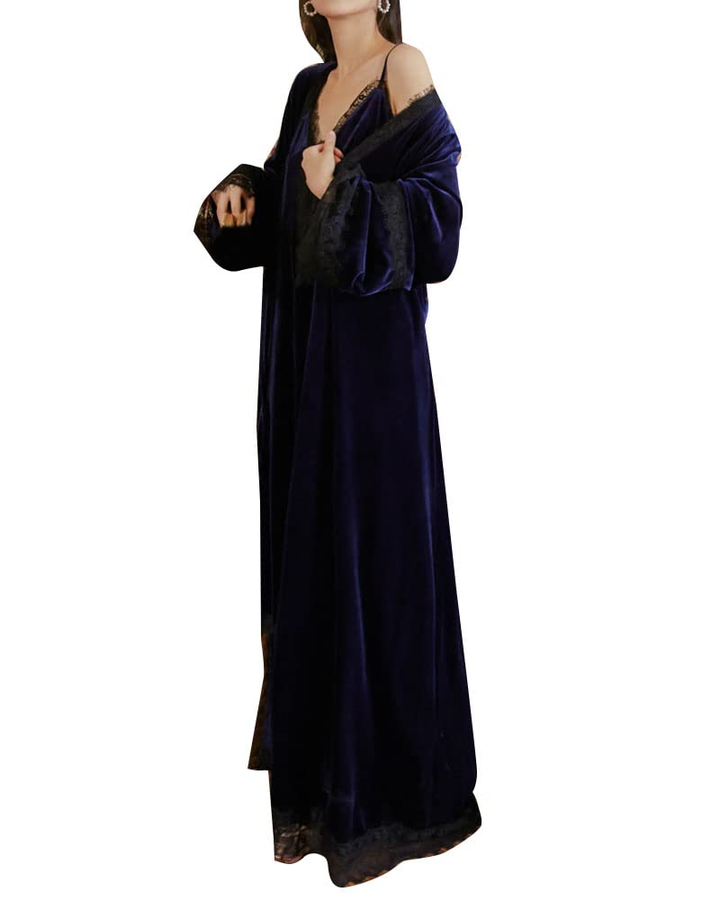 DAIHAN Mujer Conjunto de Pijama Victoriano Palace Manga Larga Camisones de Encaje Camisón Largo Invierno Bata de Dormir de Terciopelo y Vestido Lencero Traje con Ribete de Encaje