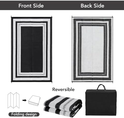 MilleLoom 8x10 Outdoor Patio Camping Rug, Durable Reversible Bordered Waterproof Easy Clean Mat with Foldable Design for RV Backyard Deck Picnic Travel Outdoor (Black & White) — view 6