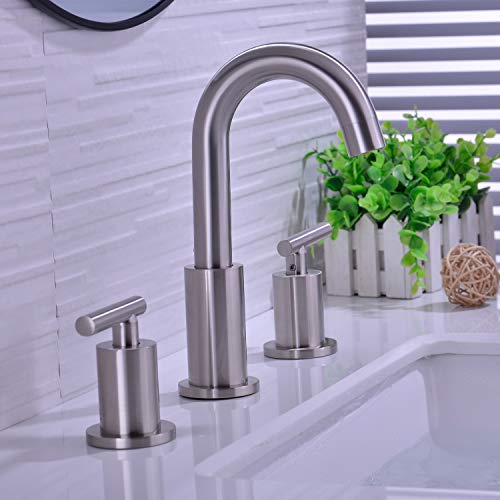 TRUSTMI 2-Handle 8 inch Widespread Brass Bathroom Sink Faucet with Pop Up Drain Assembly and cUPC Water Supply Hoses, Brushed Nickel