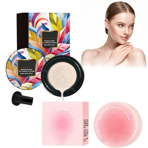 Air Cushion Foundation CC Creme, BB Cream Fond de Teint Couvrant CC Crème Fondation Liquide, Mushroom Head Air Cushion Base de Maquillage Hydratante Longue Durée, Facile à Appliquer (Ivoire, 1)