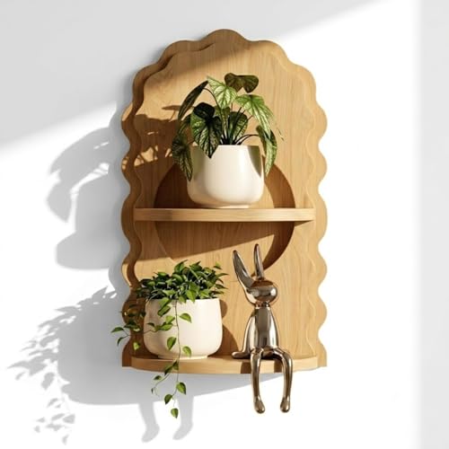 JieBo Scalloped Wooden Wall Shelf, Boho Modern 2-Tier Floating Shelves...