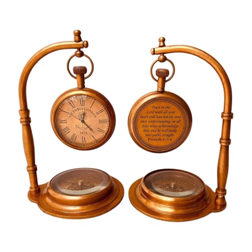 ALADEAN Inspirational Gift Table Clock Compass | Engraved Desk Clock - Vintage Shelf Decor Decorative Religious Baptism Graduation Anniversary (Trust in The Lord)