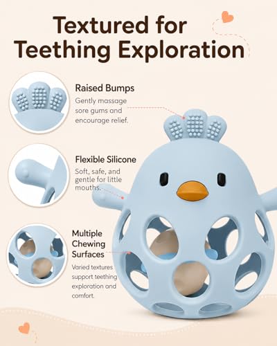 Image of Tinabless 2-in-1 Baby Teething Rattle Toy, Easy Grip Silicone Teether for Babies 3-12 Months, BPA-Free Sensory Grasping Chew for Sore Gums, Infant Shower Gift (Blue w /Rattle)