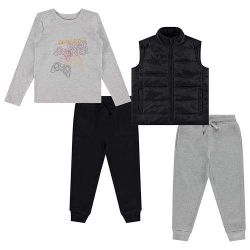 STITCH & STONE 4 Piece Toddler Boys' Outfit Set Long Sleeve Dinosaur Graphic Shirt, Puffer Vest, and 2 Jogger Sweatpant