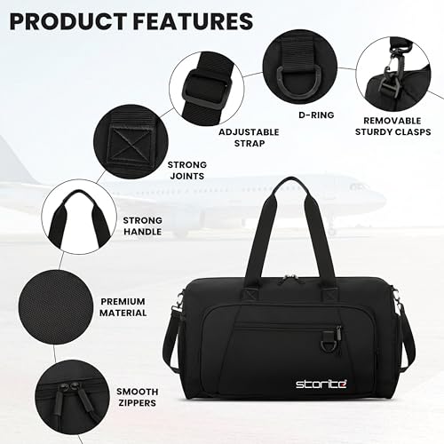 Image of Storite Nylon 50.5cm Travel Duffel Bag for Men & Women with Dry & Wet Pocket, Lightweight Water Resistant Luggage Bag with Shoe Compartment (Black, 50.5x23x28cm)