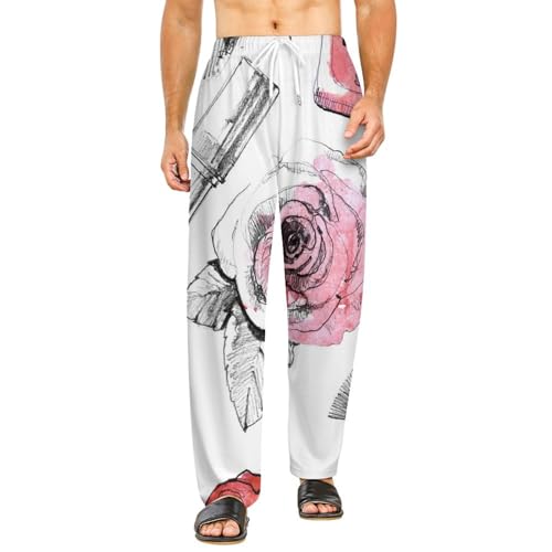 Pantalon vêtements de nuit femme long bas de pyjama à fleurs rouge à lèvres avec poches S