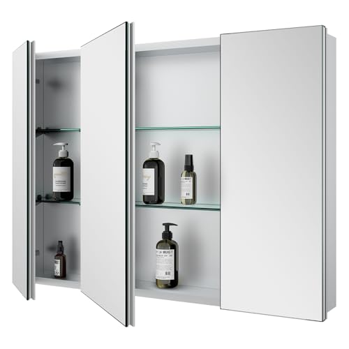 Quavikey Medicine Cabinet with Mirror, Aluminum 3 Doors Recessed or
