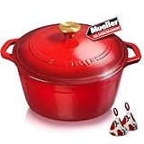 Mueller 6qt Enameled Cast Iron Dutch Oven, Heavy-Duty Casserole and Braiser Pan with Lid and Knob, Oven-Safe up to 500° F & Across All Cooktops, Red