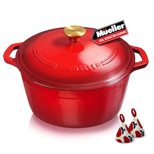 Mueller DuraCast 6 Quart Enameled Cast Iron Dutch Oven Pot with Lid, Heavy-Duty Casserole Dish, Braiser Pan, Stainless Steel Knob, for Braising, Stews, Roasting, Baking, Safe across All Cooktops, Red
