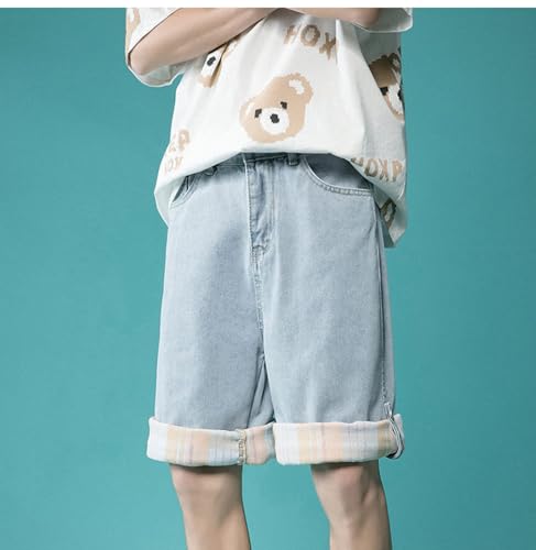 Calça Jeans Xadrez Com Punhos, Namorado, Namorada, Bainha Solta, Calça Jeans Curta, Bolsos Azuis Cla