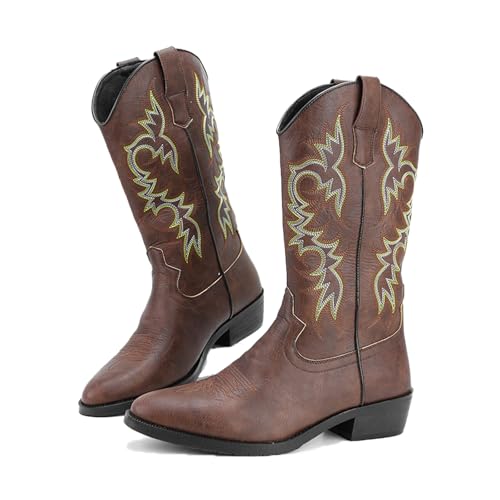 Men's pointed toe western cowboy boots Fashion Embroidered Slip-on Chunky Low Heel Non-slip Men Mid-Calf cowboy boots