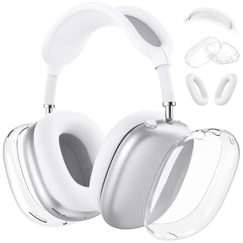 MOLOPPO �N���A�\�t�gTPU&�V���R���P�[�X AirPod Max�p �C���[�p�b�h�P�[�X�J�o�[/�C���[�J�b�v�J�o�[/�w�b�h�o���h�J�o�[ �X�L�� ���h�~ �A�N�Z�T���[ �E���g���ی�J�o�[ Apple AirPods Max�p (�z���C�g�}�b�N�X)