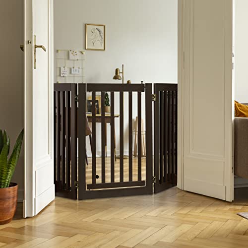 Relaxdays Absperrgitter, HxB: 70 x 154 cm, faltbar, mit Tür & Füßen, freistehendes Hunde Schutzgitter, Türgitter, braun