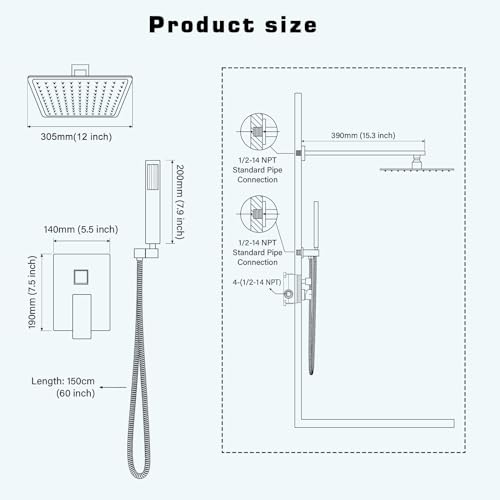 Elefloom Shower Faucet Set, 12 Inch Chrome Wall Mounted Shower System with Rain Shower Head and Handheld Spray Combo, High Pressure Showerhead Set Includes 60" Hose by Elefloom - Used condition - Image 8