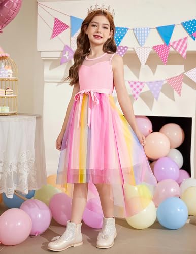 Image of Arshiner Girls Dresses Formal Party Wedding Tulle Sleeveless Contrast Mesh High Low Dress with Belt