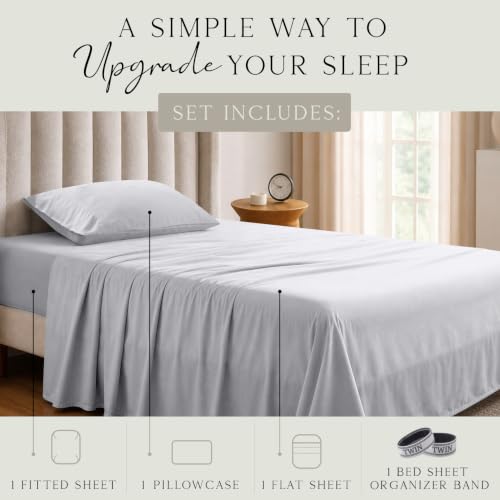 Image of KARISSA MAE Luxury Bamboo Viscose Twin Size Sheet Set | FSC Certified | Cooling | Ultra Soft | 18 inch Deep Pockets | Elastic Corner Straps | Includes Organizer Band [Grey Mist]