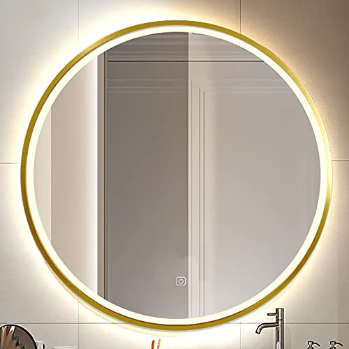 Zyledw Led Round Mirror Bathroom Vanity Mirror With 3 Color Lights, Metal Frame Wall Mounted Dimmable Makeup Mirror With Touch Button Switch, Ip54 (Color : Gold, Size : 90Cm/36In) #TOP7