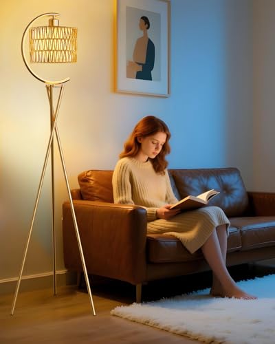 Lightdot Tripod Floor Lamp for Living Room, Gold Standing Lamp with Bulb Included, Boho Farmhouse Tall Lamp for Bedroom, Arced Reading Light with Rattan& Linen Shades for Sofa Beside/Corner Decor