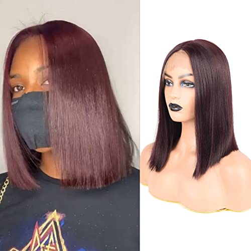 Lace Front Synthetic Wigs 12inch Short Straight Wine Red BOB Wig With Middle Part #99J Color Beautiful African American Wigs Cosplay Party Wig Fashion Wig Lightweight Breathable Wig(Red Wine)